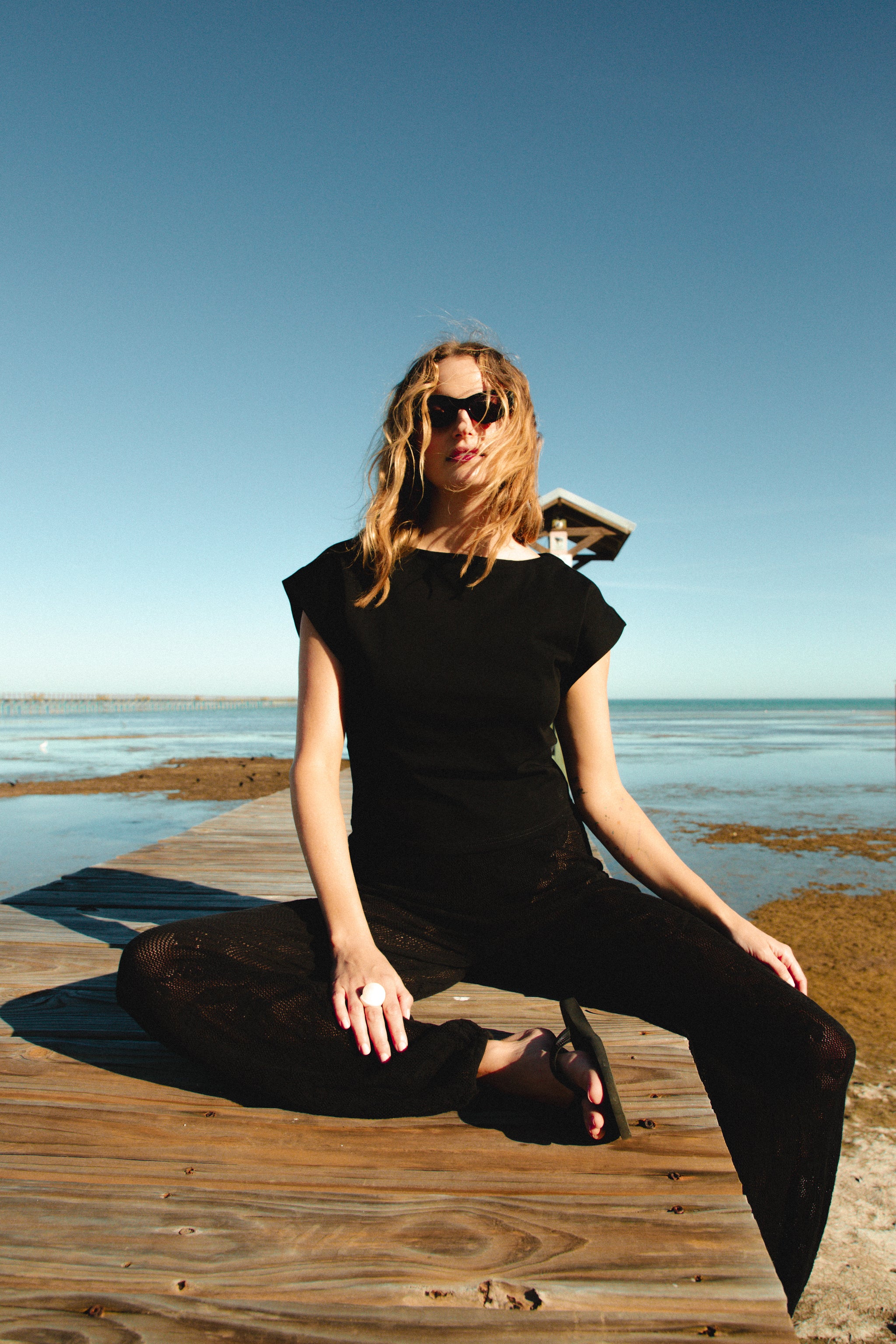 Women's Boat Neck Knit Top in Black by Lady Captain