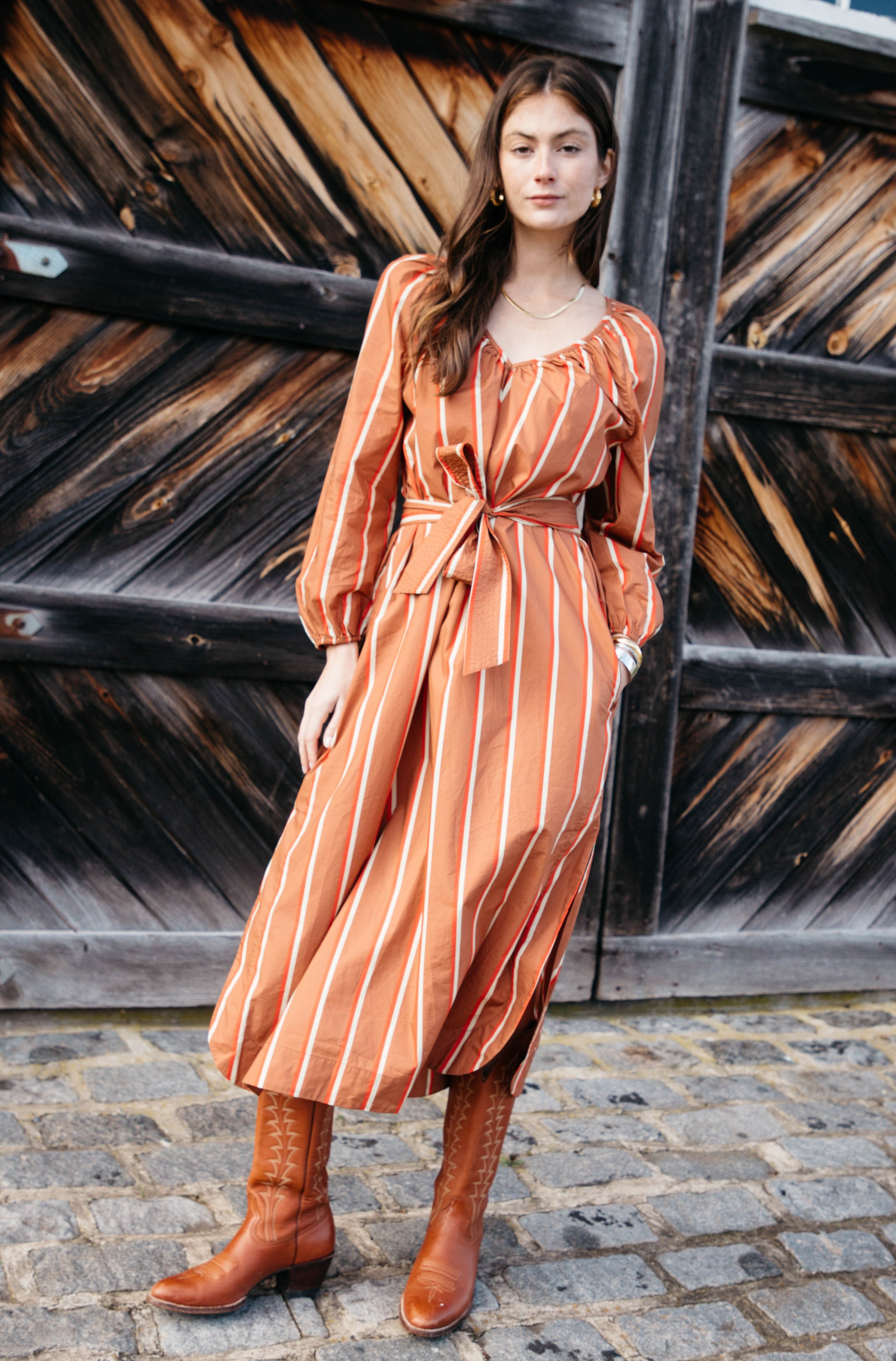 The Duffy Cruise Caftan in Tan + Red Stripe