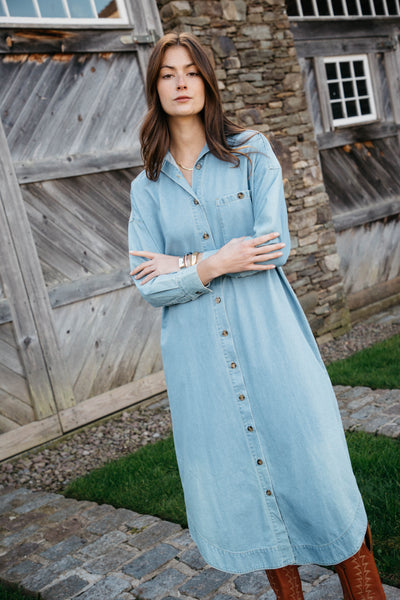 ミストレアス Denim Amerian Sleeve Long Dress Denim Amerian Sleeve Long Dress - MISTREASS