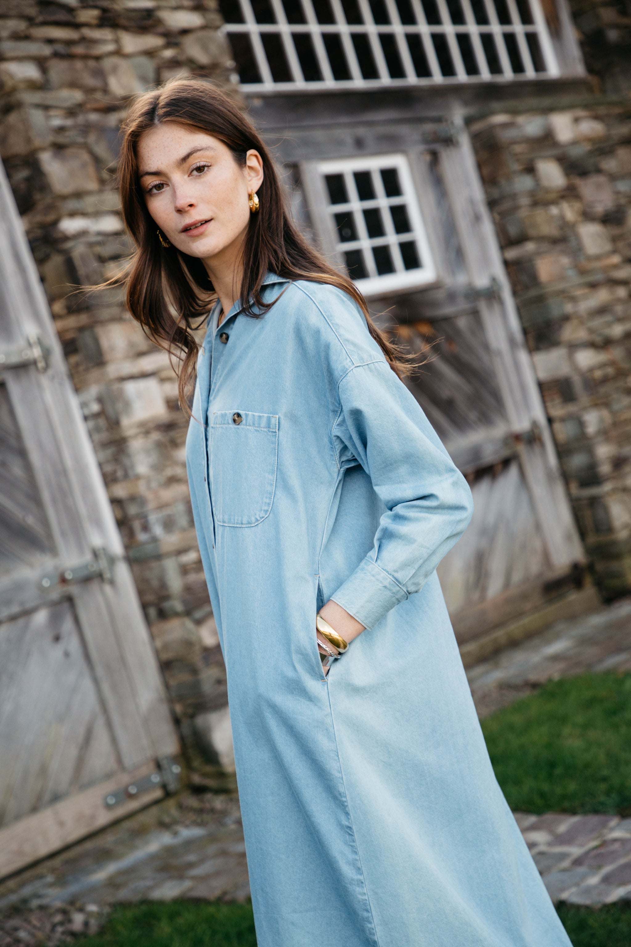 Long Sleeve Button Down Chambray Midi Dress Lady Captain Long Sleeve Button Down Chambray Midi Dress Lady Captain