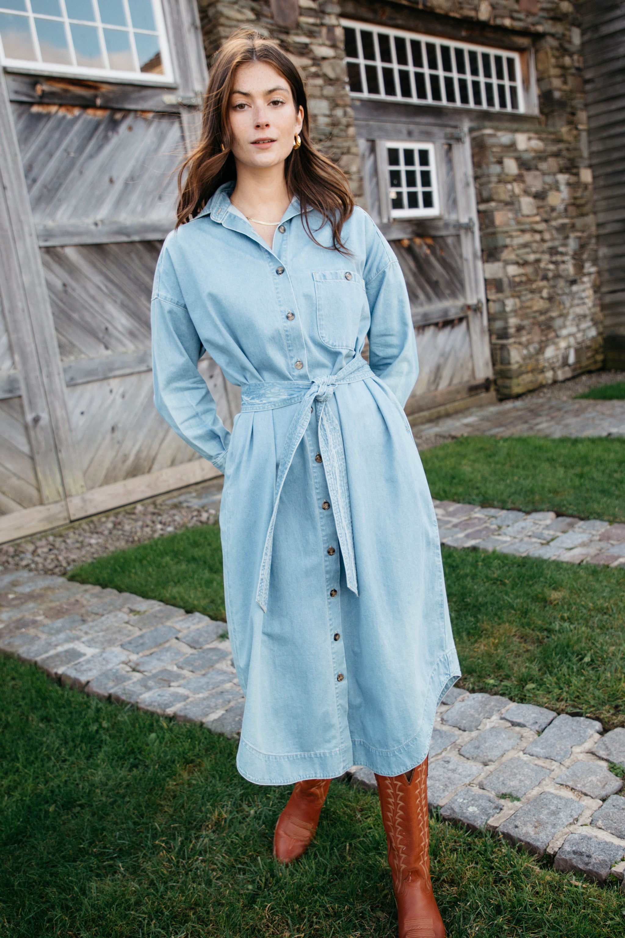 Long Sleeve Button Down Chambray Midi Dress Lady Captain Long Sleeve Button Down Chambray Midi Dress Lady Captain