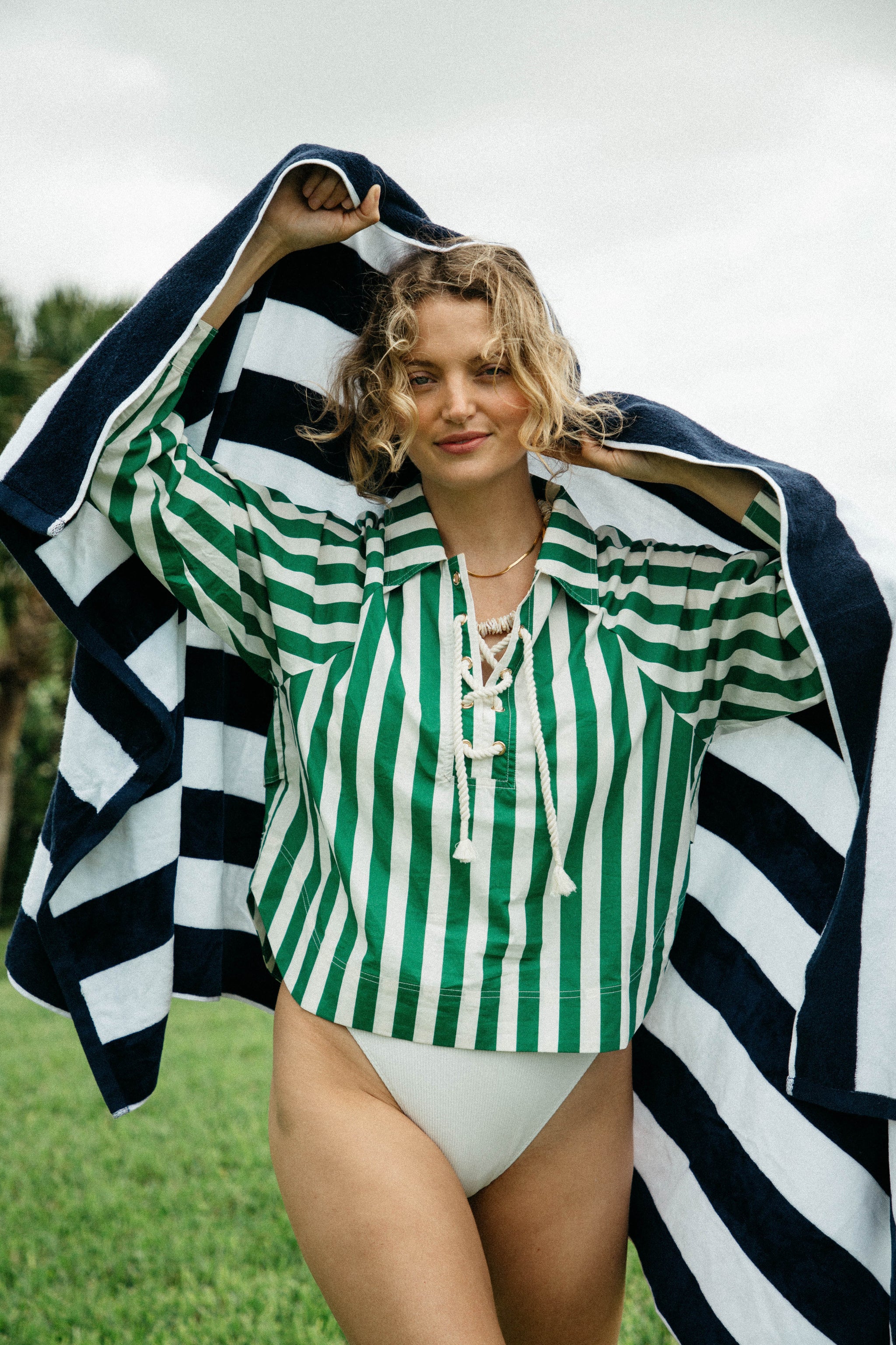 Women's Lace up Cropped Fishing Shirt in Green Cabana Stripe