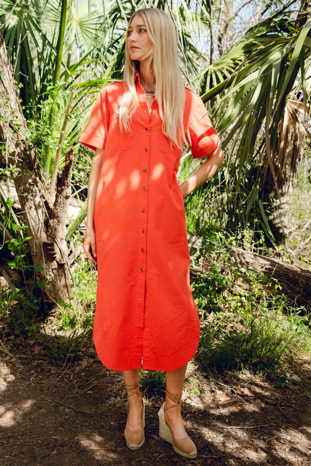 Women's Short Sleeve Red Button Down Midi Dress by Lady Captain Medium / Poppy Red