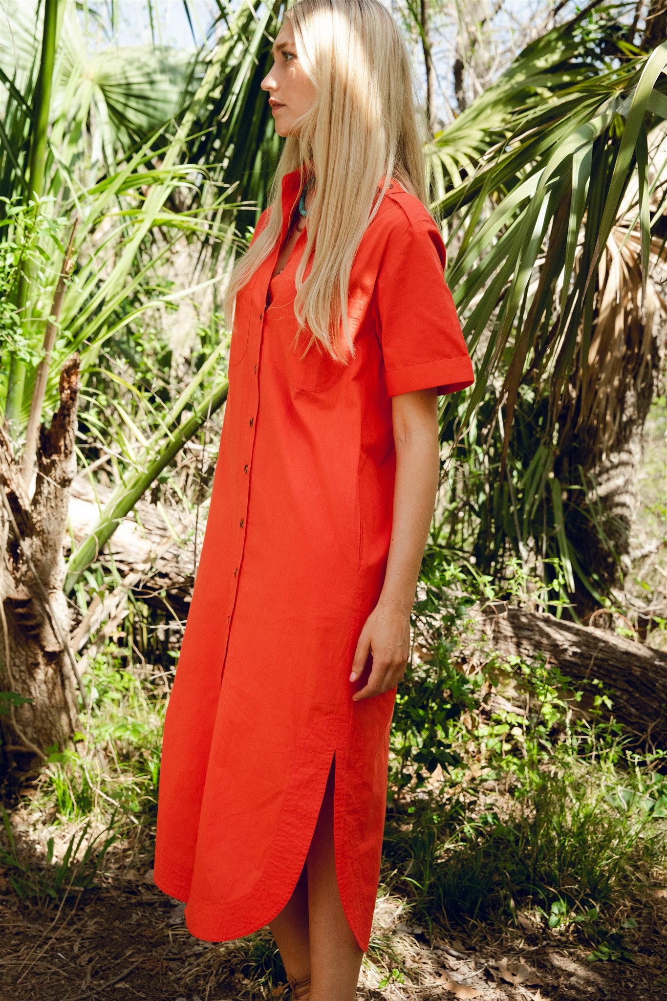 Women's Short Sleeve Red Button Down Midi Dress by Lady Captain Medium / Poppy Red