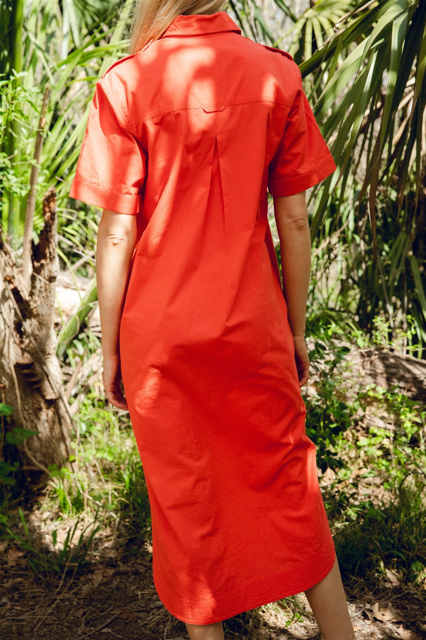 knee length dresses for ladies Women's Short Sleeve Red Button Down Midi Dress by Lady Captain Medium / Poppy Red