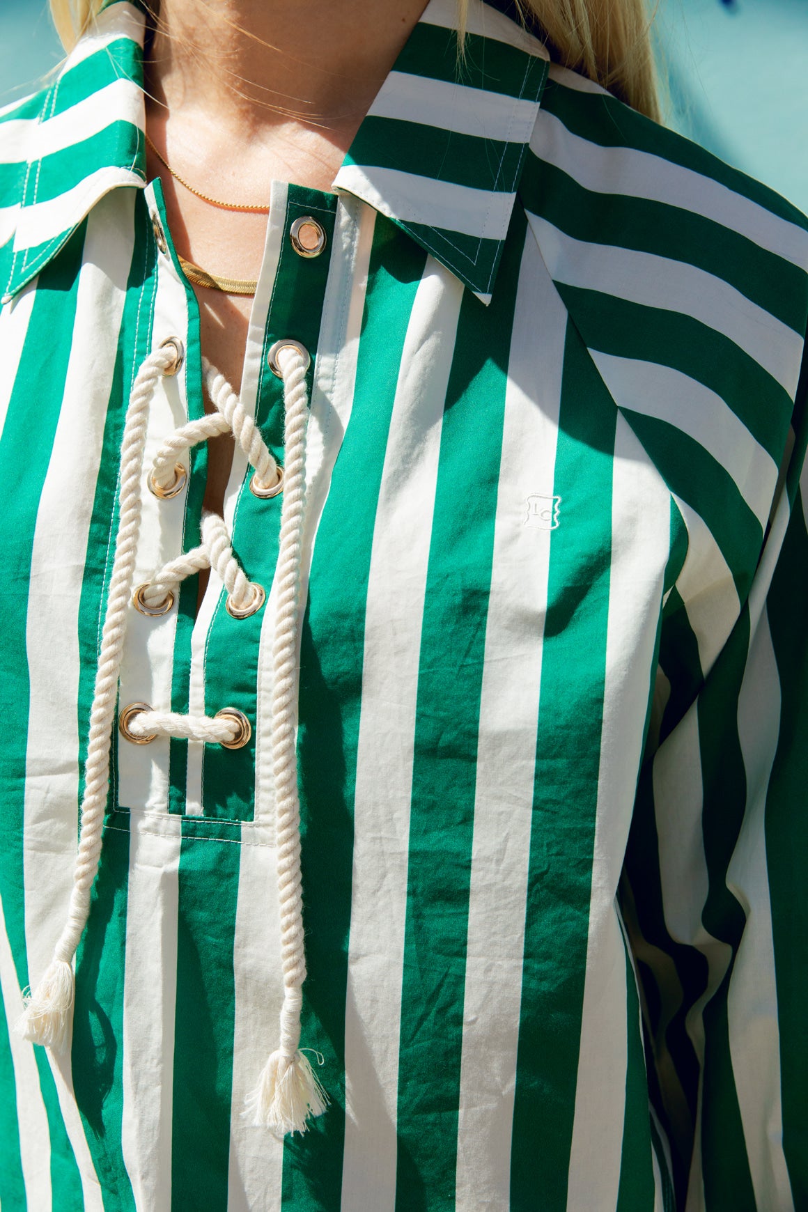 Women's Lace up Cropped Fishing Shirt in Green Cabana Stripe