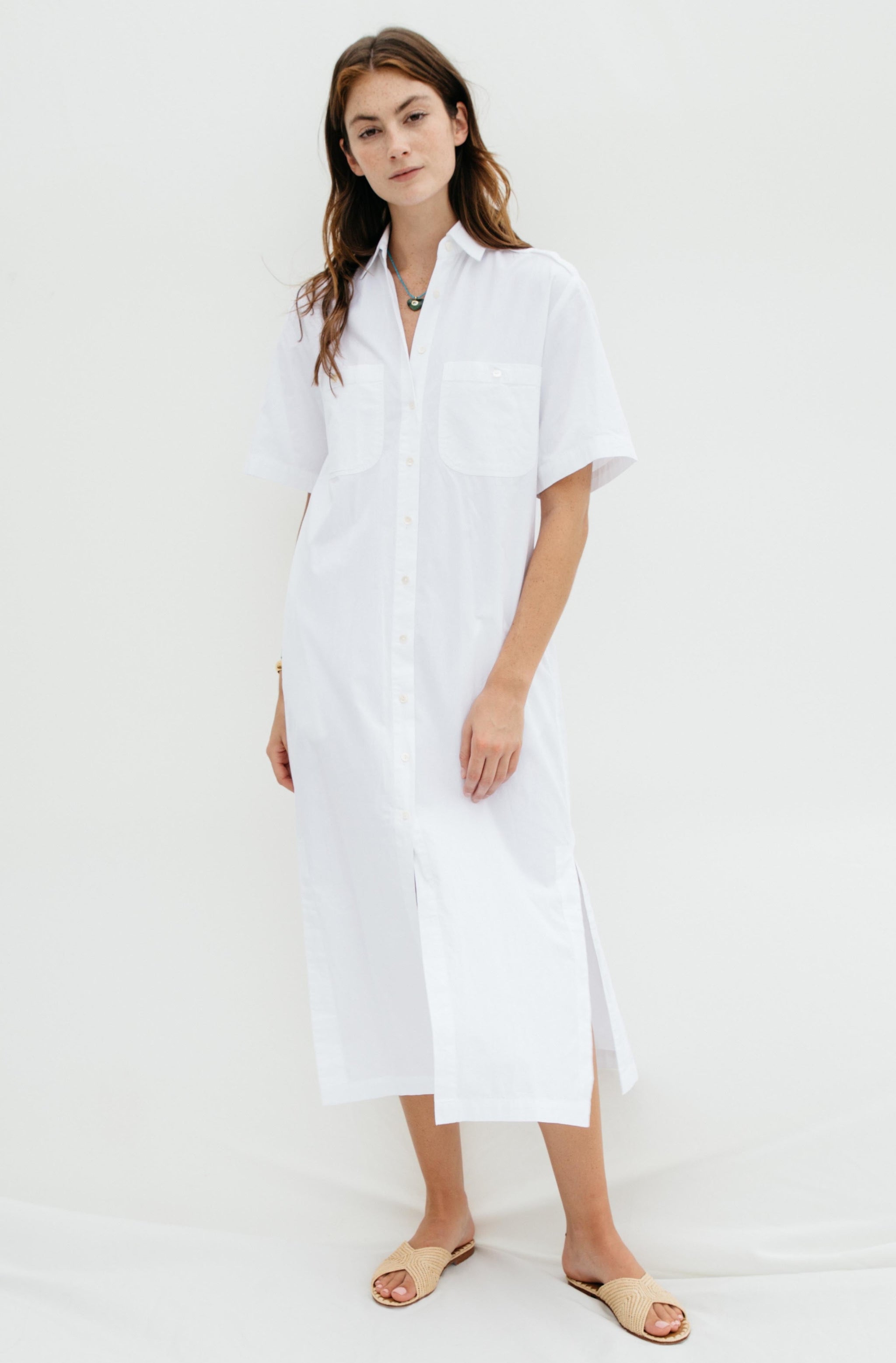 Women's Short Sleeve White Button Down Midi Dress by Lady Captain