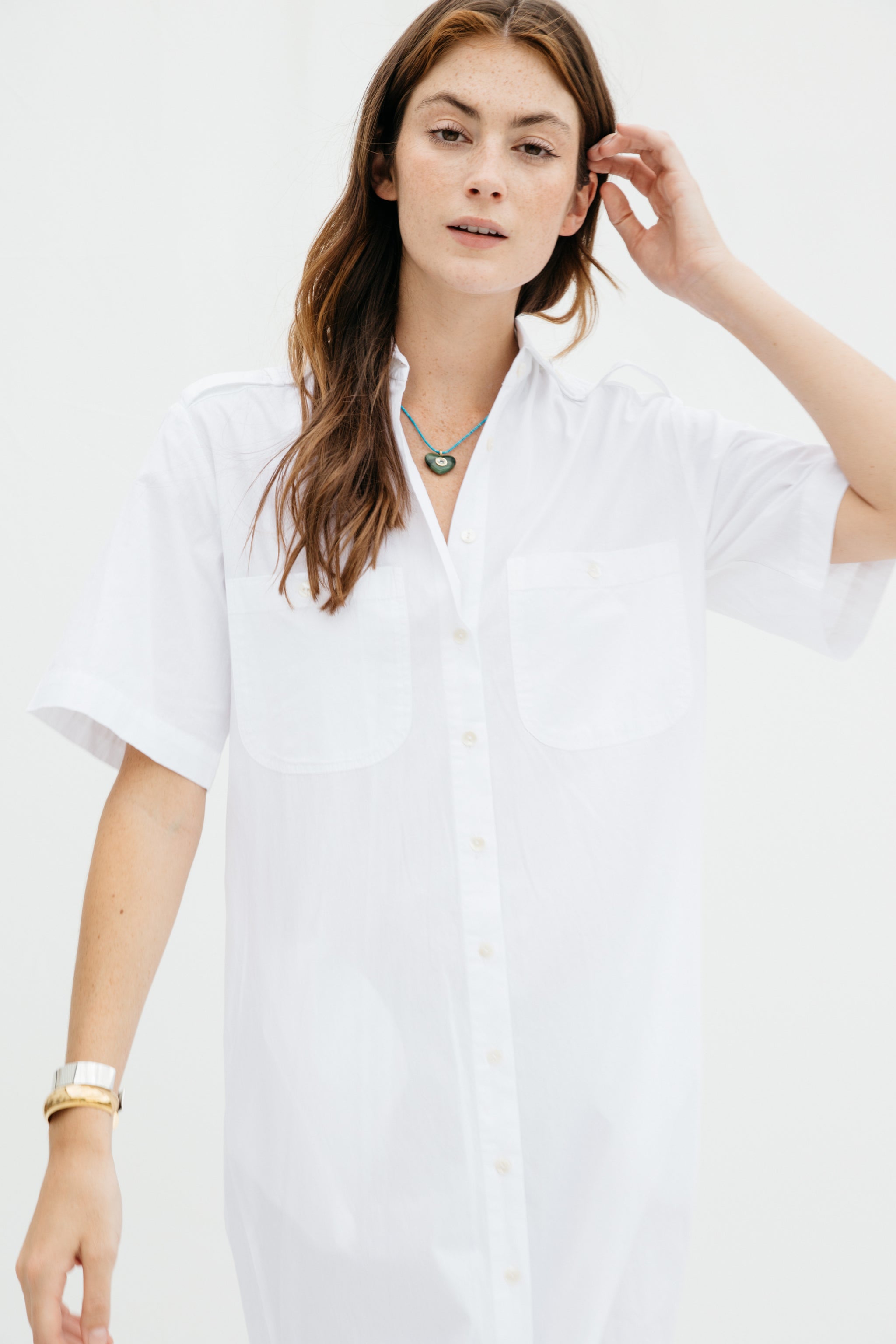 Women's Short Sleeve White Button Down Midi Dress by Lady Captain