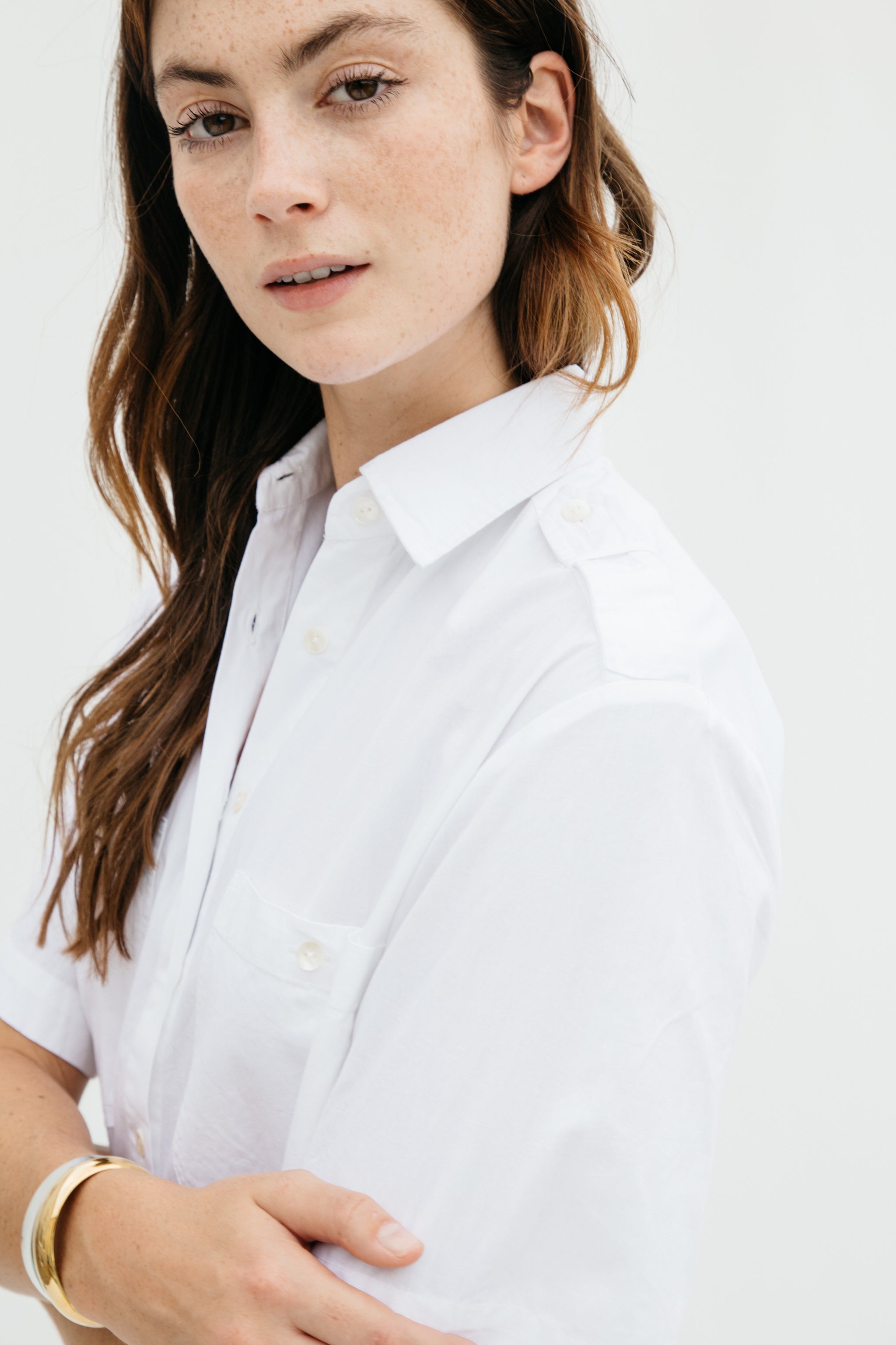 Women's Short Sleeve White Button Down Midi Dress by Lady Captain
